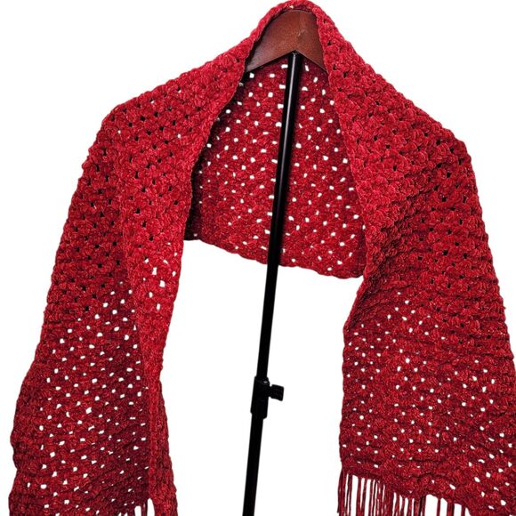 Handmade Red Velvety Smooth Sparkle Crochet Scarf Shawl with Fringe Open Weave - Picture 2 of 9